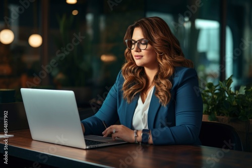 a 35 years old plus size manager using laptop computer on the go