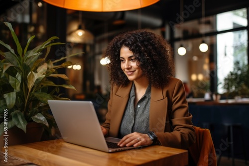 a 35 years old plus size manager using laptop computer on the go