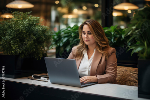 a 35 years old plus size manager using laptop computer on the go