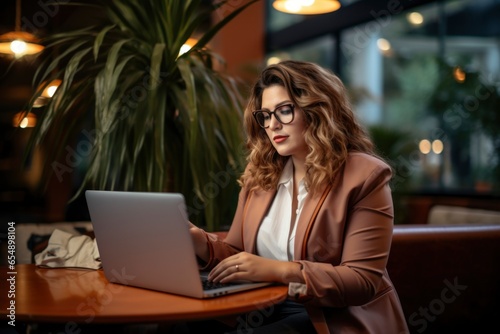 a 35 years old plus size manager using laptop computer on the go