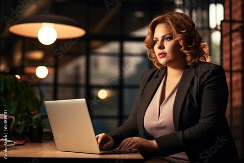 a 35 years old plus size manager using laptop computer on the go