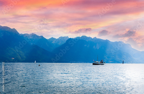 Sunset sky above Geneva lake in Montreux, Switzerland