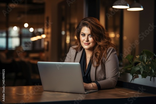 a 35 years old plus size manager using laptop computer on the go