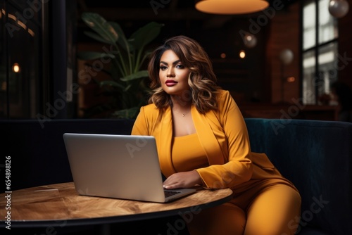 a 35 years old plus size manager using laptop computer on the go
