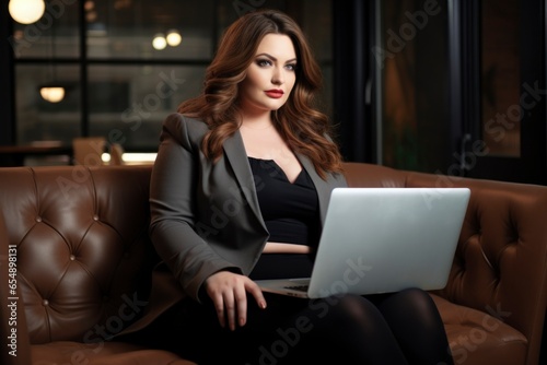 a 35 years old plus size manager using laptop computer on the go
