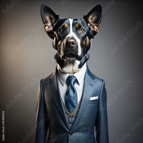 dog dressed as businessman with suit and tie. Animal as businessman wth suit. photo