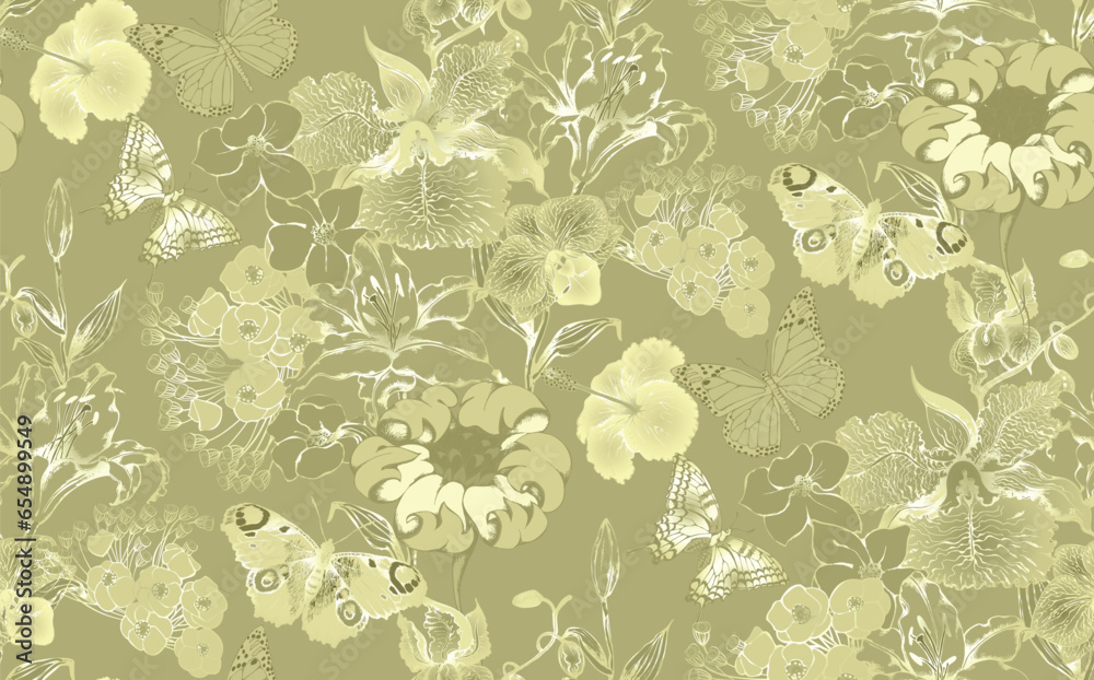  Abstract floral seamless pattern. In style Toile de Jou. Vector illustration. Suitable for fabric, wrapping paper and the like.