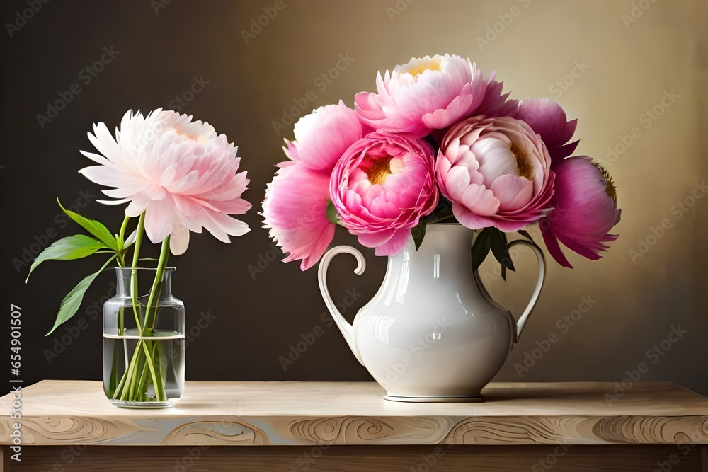 Obraz premium Vase with beautiful peony flowers on table