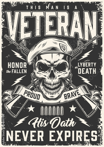 Military skull monochrome vintage poster