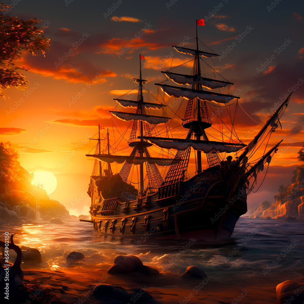 Medieval Ship At Sunset