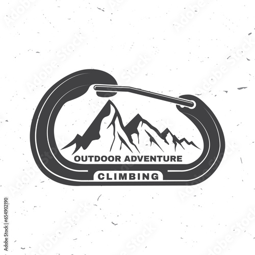 Climbing badge, logo design. Vector. Concept for shirt or logo, print, stamp or tee. Vintage typography design with mountain and carabiner silhouette. Outdoors adventure
