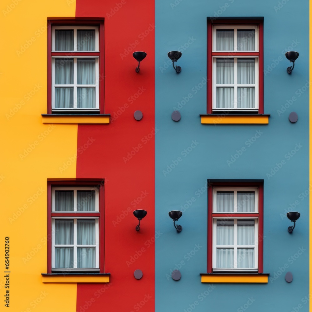 Seamless pattern texture of a multi-colored building facade with windows near which there are lamps. AI generation 