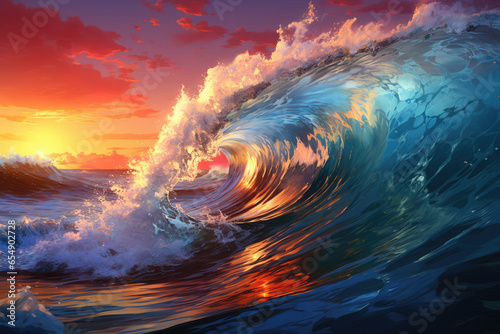 Colored ocean, sea wave against the background of a beautiful sky