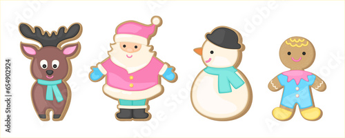 Christmas sugar cookie vector set. Cute cartoon illustration. Gingerbread cookies character design. Biscuit shape ginger bread man, Santa Claus, deer, snowman. Cute winter print.