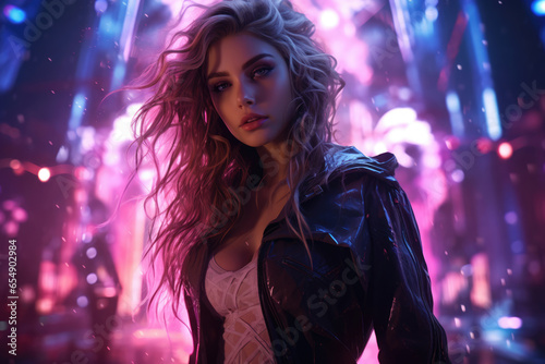 Portrait of a beautiful young woman in pink light, cyberpunk style
