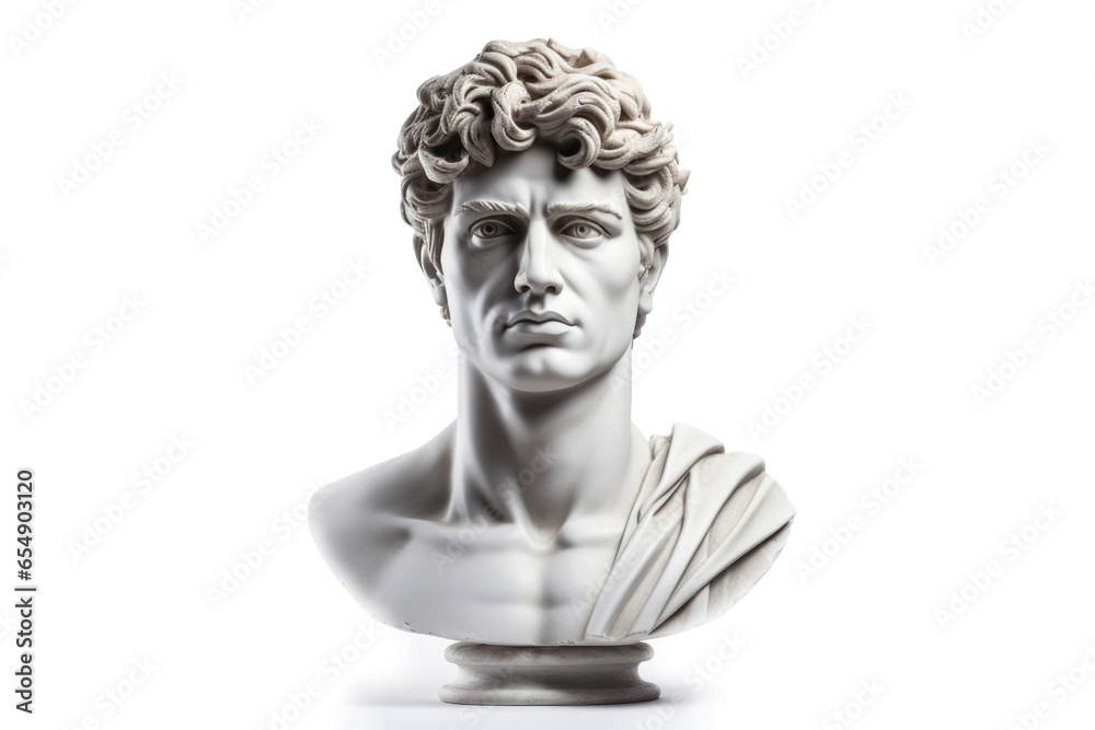 Head and shoulders ancient man sculpture isolated on white Head and shoulders ancient man sculpture isolated on white