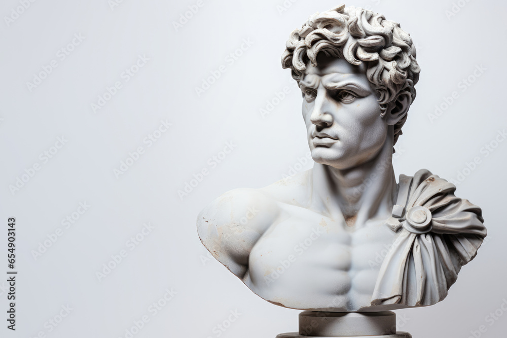 Head and shoulders of an ancient young man sculpture made of stone or marble. Copy space for text Head and shoulders of an ancient young man sculpture made of stone or marble. Copy space for text
