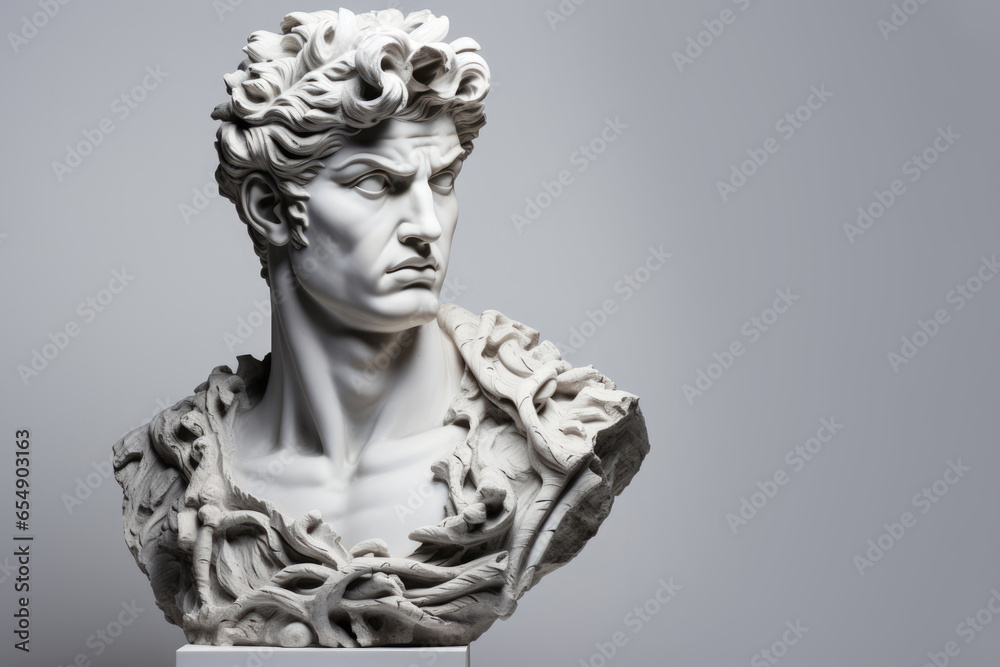 Head and shoulders of an ancient young man sculpture made of stone or marble