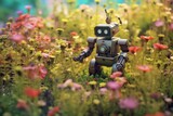 Tiny robots cultivate land amidst lush flowers. Generative AI
