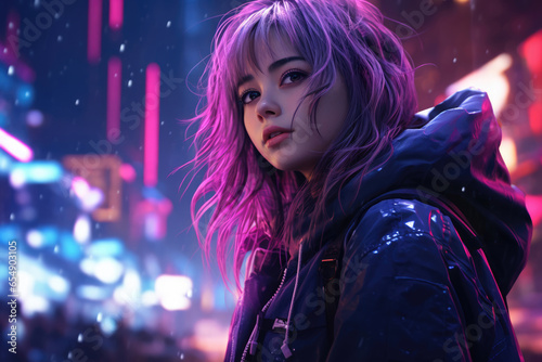 Beautiful fashionable young woman in cyberpunk style in neon light
