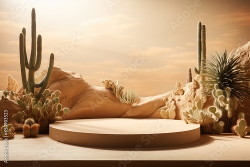 Desert-themed sandy podium with cacti shadows - Unique Product Display - AI Generated
