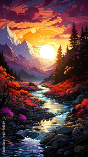 Image of river running through forest at sunset.