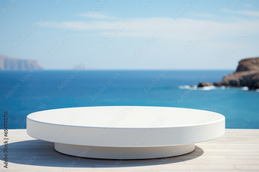 Minimalist white podium set against a calm ocean backdrop - Serene Product Presentation - AI Generated