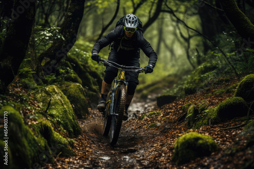 Downhill mountain biker riding a bike on a forest trail © Michael