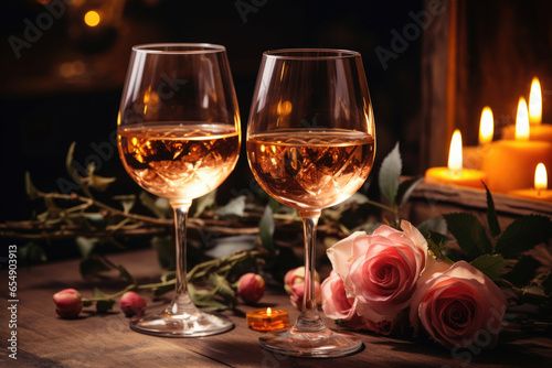 Glasses of wine, romantic dinner by candlelight