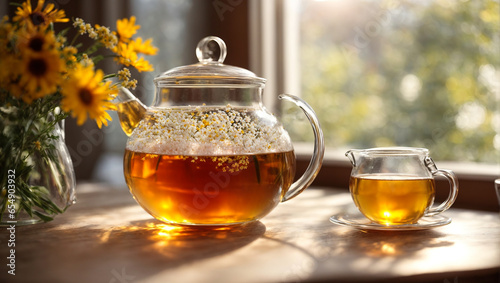 Fresh tea in a glass teapot, chamomile flower