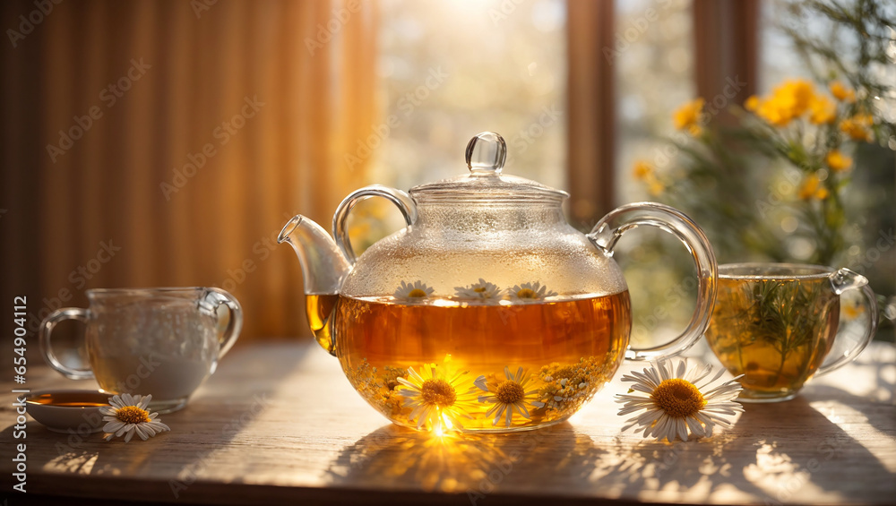Fresh tea in a glass teapot, chamomile flower Fresh tea in a glass teapot, chamomile flower