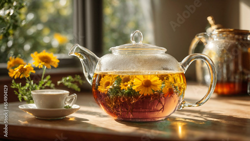 Fresh tea in a glass teapot, chamomile flower