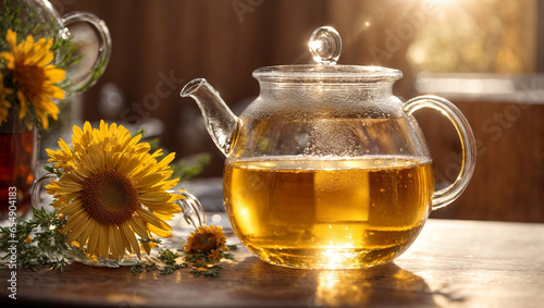 Fresh tea in a glass teapot, chamomile flower