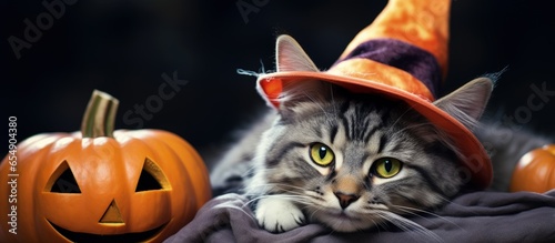 Decorative Halloween cat on gray couch with pumpkin background Autumn home decoration Halloween animals Selective focus with copyspace for text