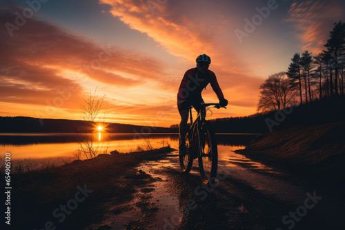 cross country or mountain biker at sunset