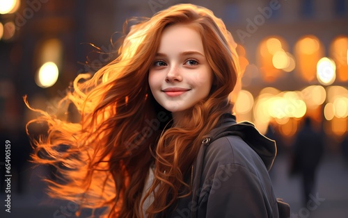 Smiling girl with flowing red hair in warm lighting