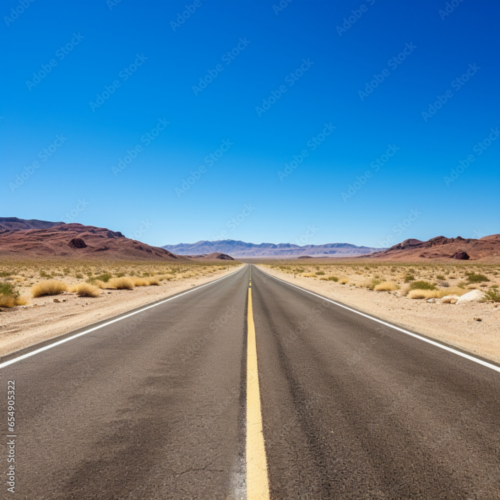 long straight empty American highway in desert under blue sky: concept of freedom