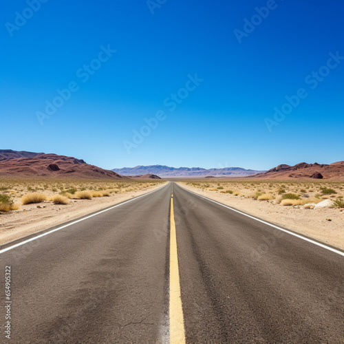 long straight empty American highway in desert under blue sky: concept of freedom