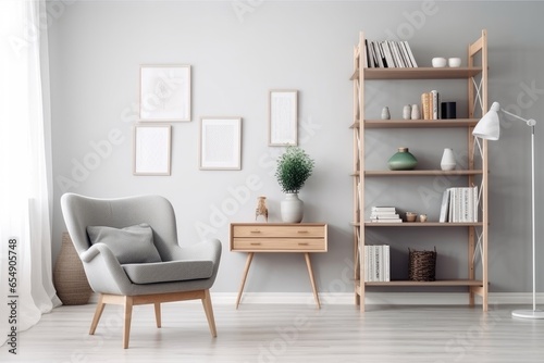 Scandinavian bookcase with armchair in modern cozy interior of room. Home library with book shelf. Generative AI 