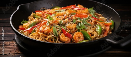 Top view of stir fried noodles with veggies and shrimp in black skillet on slate with copyspace for text