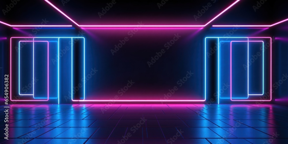 Neon frames in a dark room with tiles. AI generation 