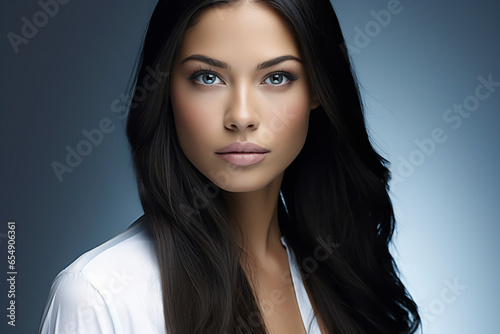 Close-up portrait of a very beautiful young woman with brown eyes, and long dark brown hair, wearing a white top - copy space, isolated, blue background
