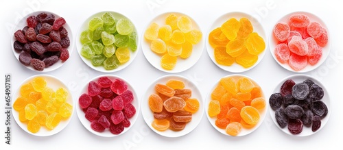 Multicolored candied fruits isolated on white top view with copyspace for text