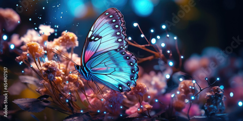 Beautiful glowing magical multi-colored butterfly on beautiful flowers. Fantasy. Animal Protection Day concept. Banner