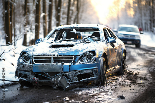 car accident in winter on slippery road with snow and ice
