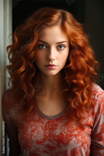 Woman with red hair is looking at the camera.