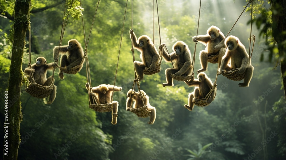 group of agile gibbons swinging through the jungle canopy, their long