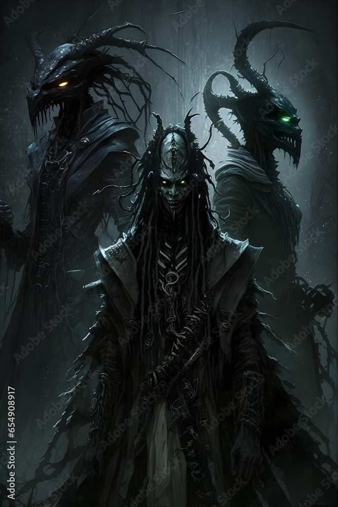 three transmogrified combination of arachnid vampire leech human predator dragon alien insect with long black dread locks and wearing robes epic scene extreme detail in face no nose or chin circular 