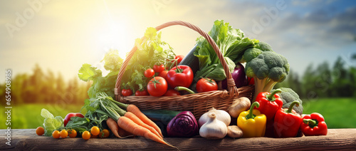 Composition with assorted organic vegetables on beautiful background. Copy space. photo