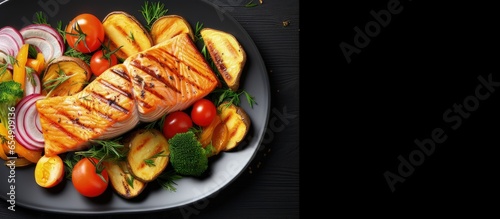 Top view of isolated roasted salmon and vegetables on white background with copyspace for text